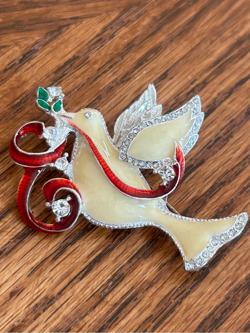 Vintage Enamel Peace Dove Christmas Rhinestone Holly Pin Brooch